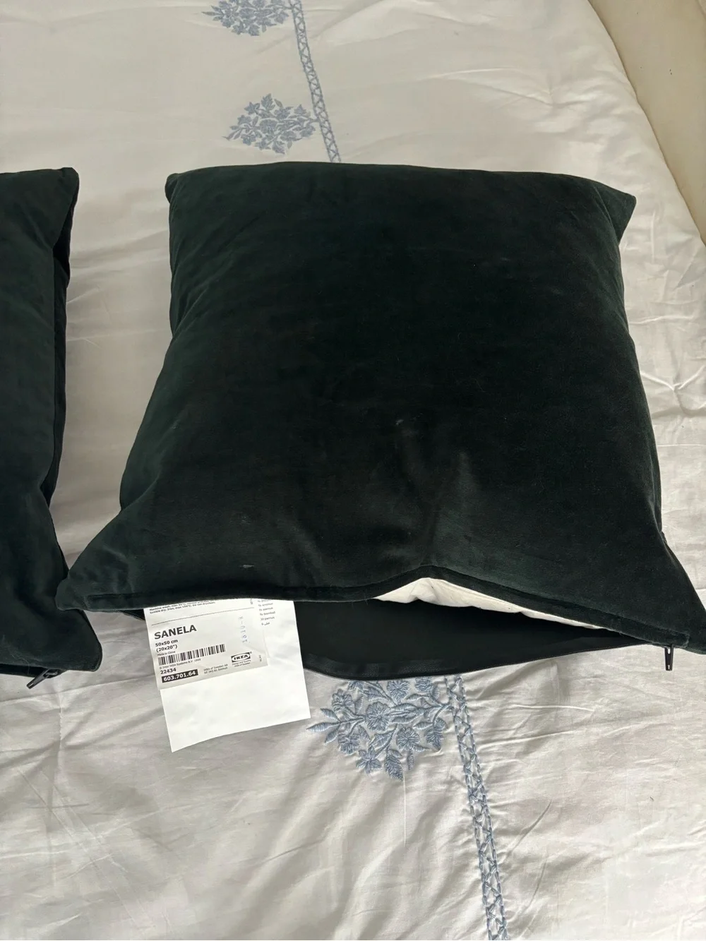 IKEA “Sanela” dark green cotton velvet pillow covers with “Fjadrar” inserts